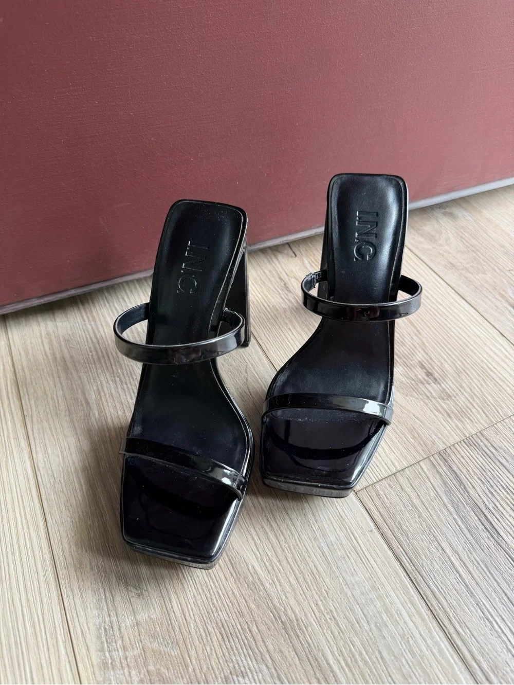 INC International Concepts Black Patent Square-Toe Double Strap Heels